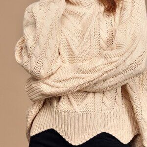 Lulus Call Me Cozy Cream Cable Knit Turtleneck Sweater Beige - Size XS